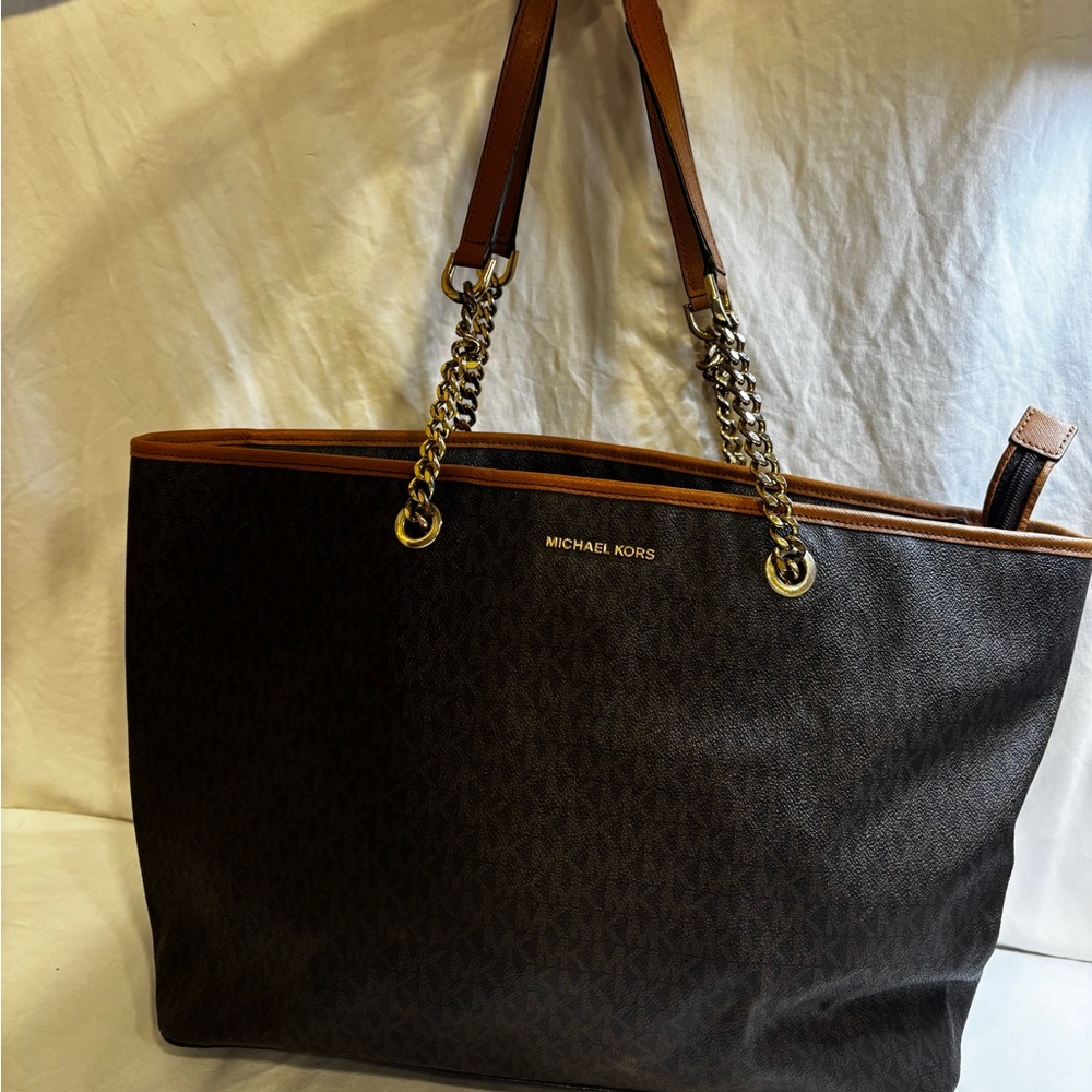 Michael Kors Jet Set Travel Brown Logo Coated Canvas Chain Tote Bag